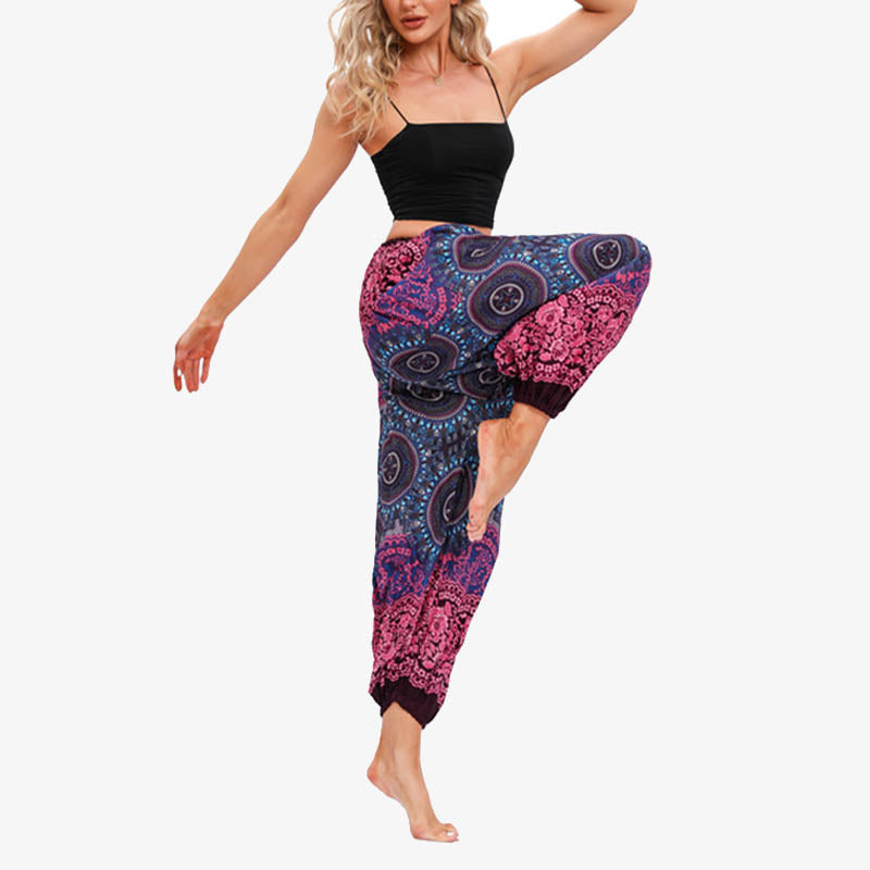 Pantaloni harem larghi da donna con fiori geometrici rotondi e Buddha Stones