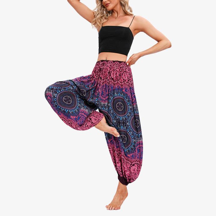 Pantaloni harem larghi da donna con fiori geometrici rotondi e Buddha Stones