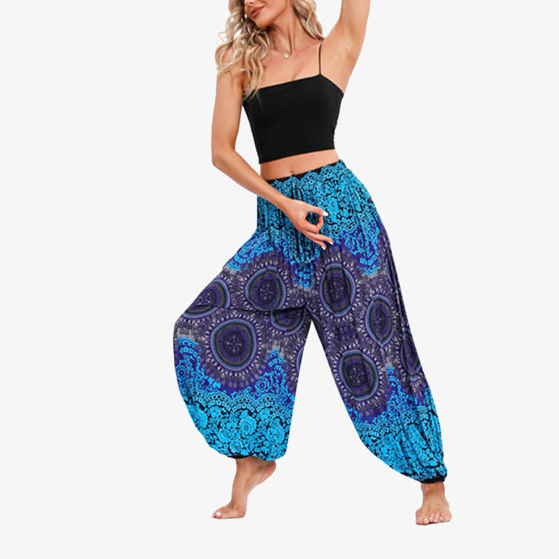 Pantaloni harem larghi da donna con fiori geometrici rotondi e Buddha Stones