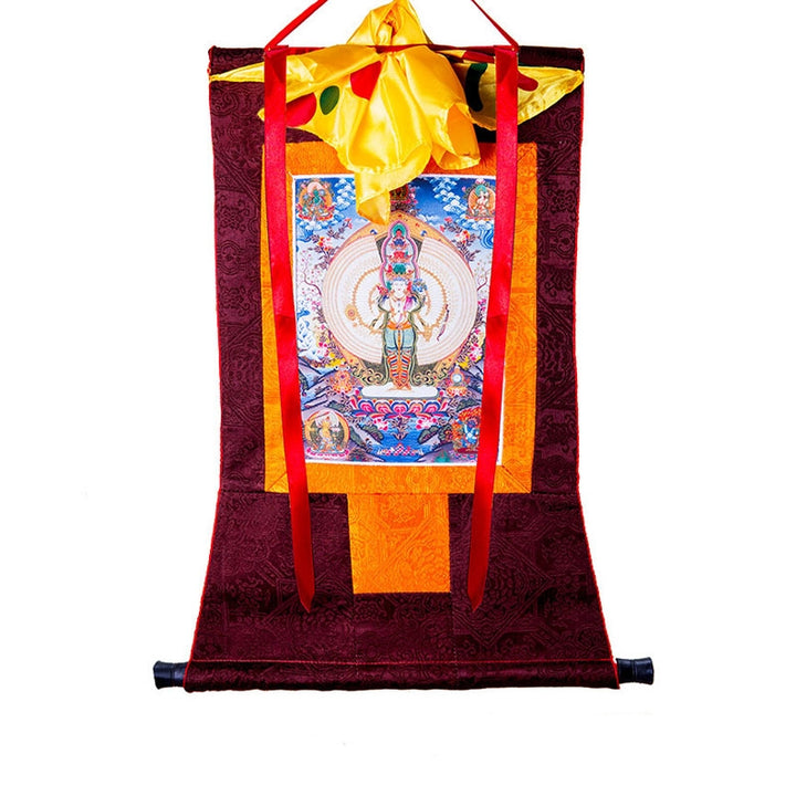 Buddha Stones Tibetano Avalokitesvara dalle mille mani con cornice Thangka Benedizione Decorazione