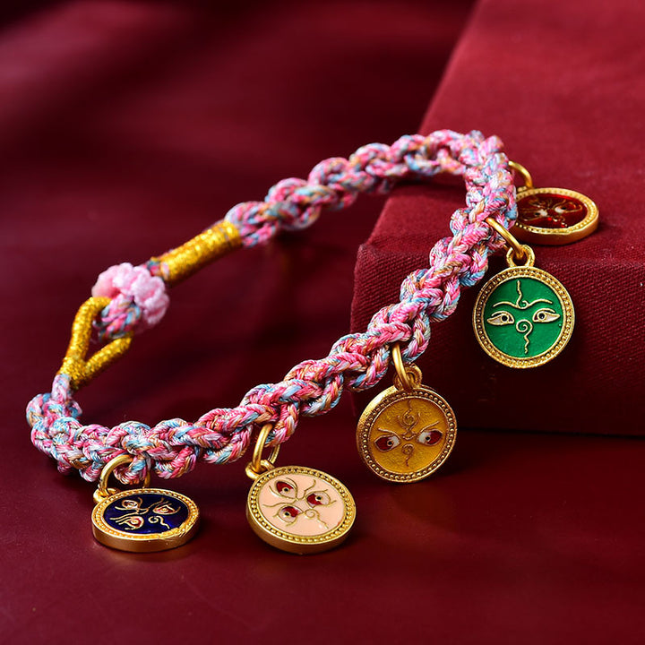 Braccialetto intrecciato con cinque divinità della ricchezza e della fortuna, fatto a mano in Buddha Stones tibetana multicolore