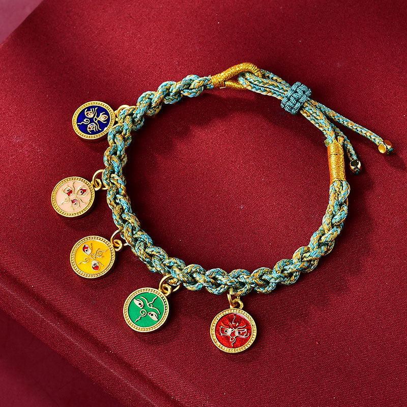 Braccialetto intrecciato con cinque divinità della ricchezza e della fortuna, fatto a mano in Buddha Stones tibetana multicolore