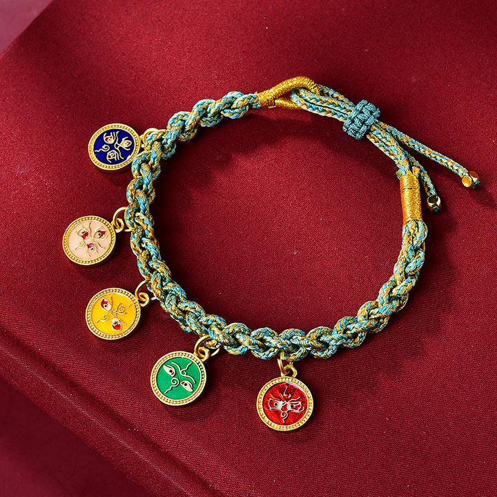 Braccialetto intrecciato con cinque divinità della ricchezza e della fortuna, fatto a mano in Buddha Stones tibetana multicolore