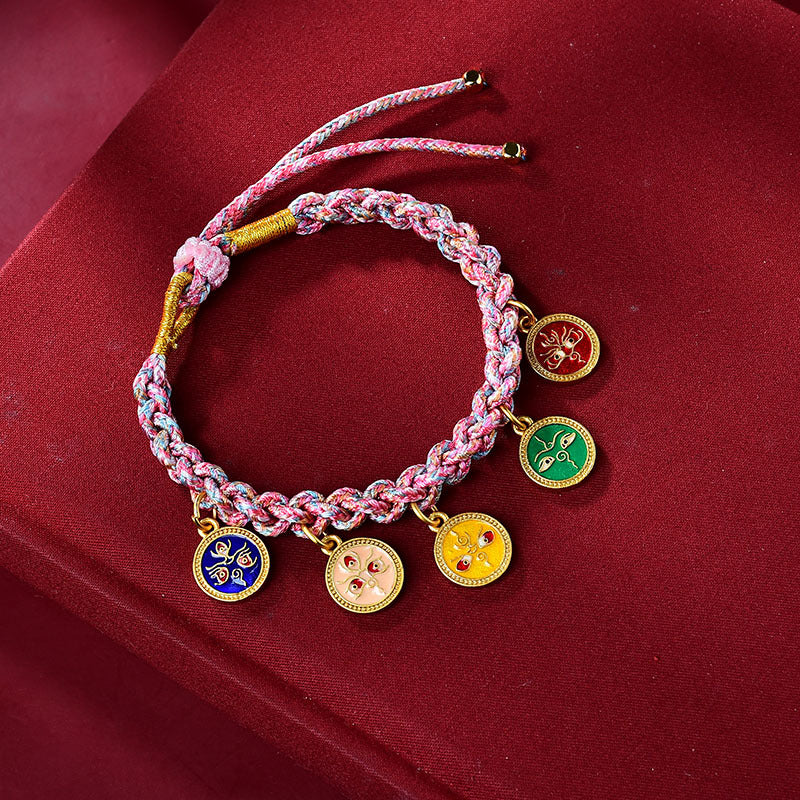 Braccialetto intrecciato con cinque divinità della ricchezza e della fortuna, fatto a mano in Buddha Stones tibetana multicolore