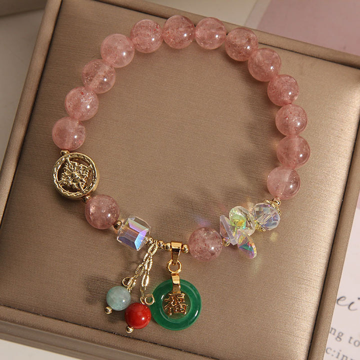 Braccialetto di guarigione con ciondolo a forma di carattere Fu in quarzo fragola e giada Buddha Stones
