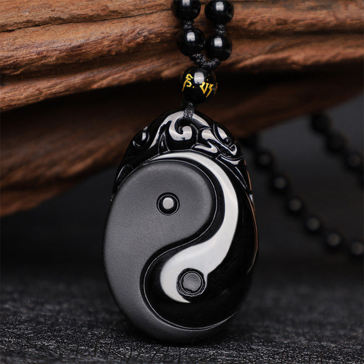 Buddha Stones Collana con ciondolo in ossidiana nera naturale Yin Yang Fulfillment Strength