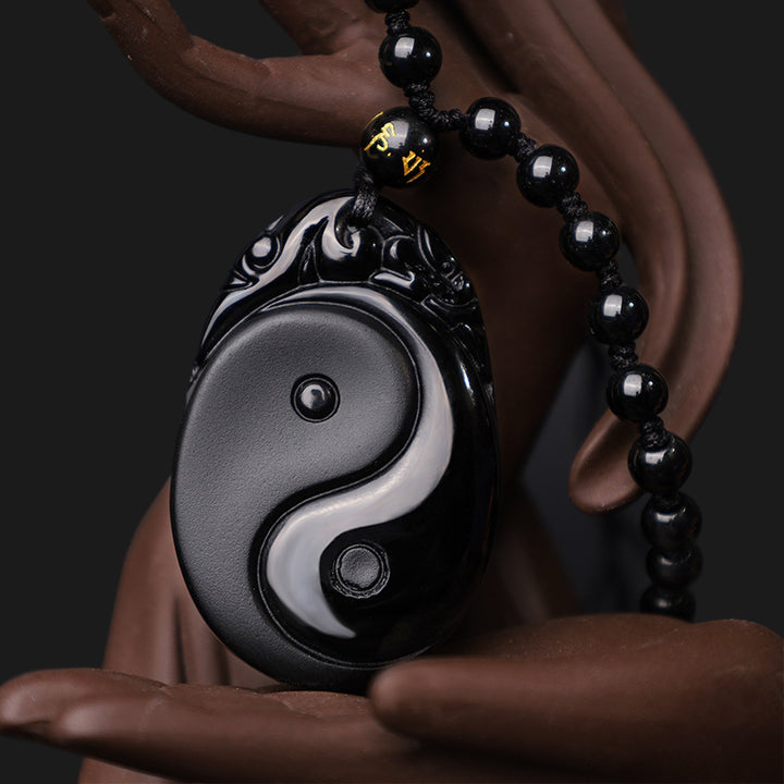 Buddha Stones Collana con ciondolo in ossidiana nera naturale Yin Yang Fulfillment Strength
