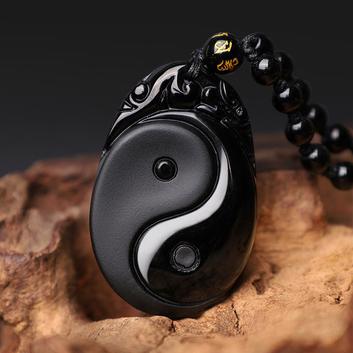 Buddha Stones Collana con ciondolo in ossidiana nera naturale Yin Yang Fulfillment Strength