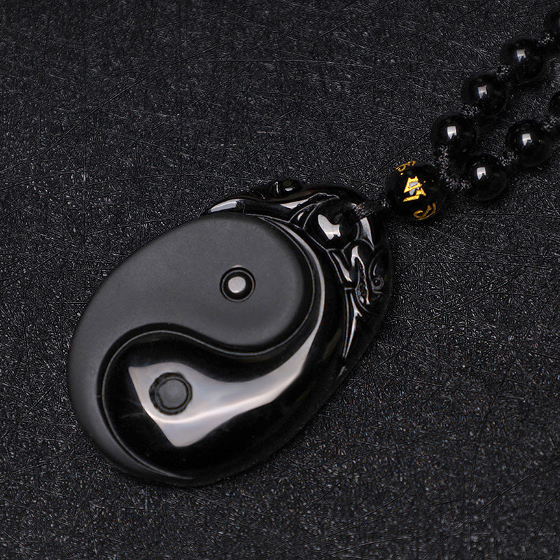 Buddha Stones Collana con ciondolo in ossidiana nera naturale Yin Yang Fulfillment Strength