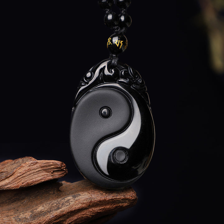 Buddha Stones Collana con ciondolo in ossidiana nera naturale Yin Yang Fulfillment Strength