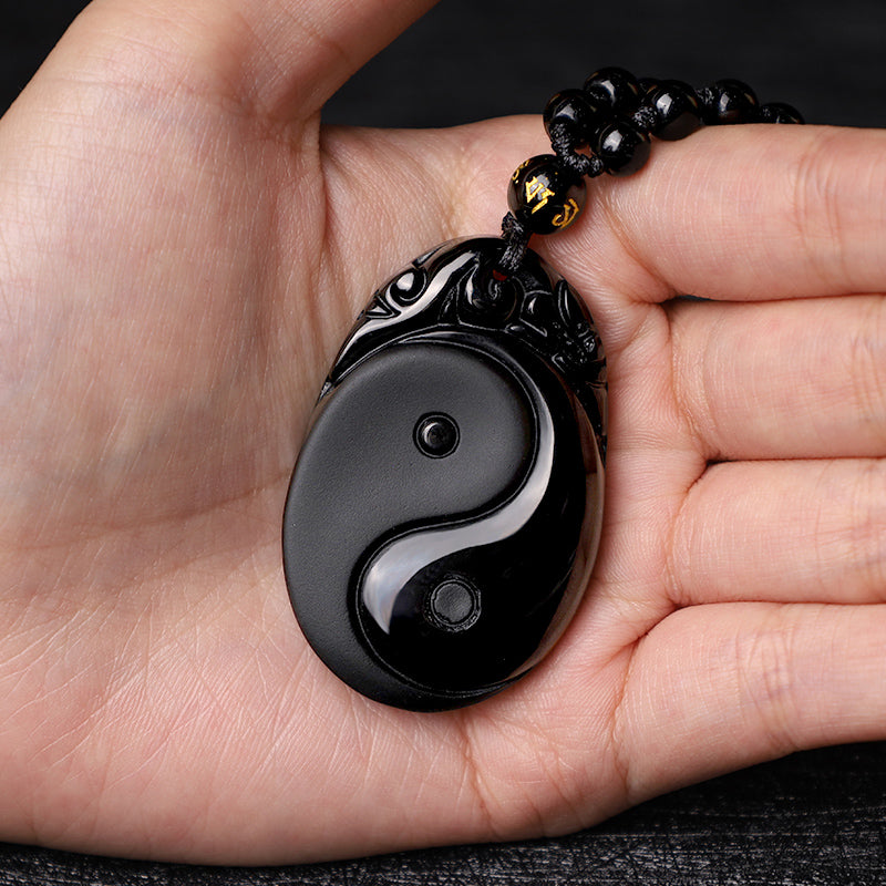 Buddha Stones Collana con ciondolo in ossidiana nera naturale Yin Yang Fulfillment Strength