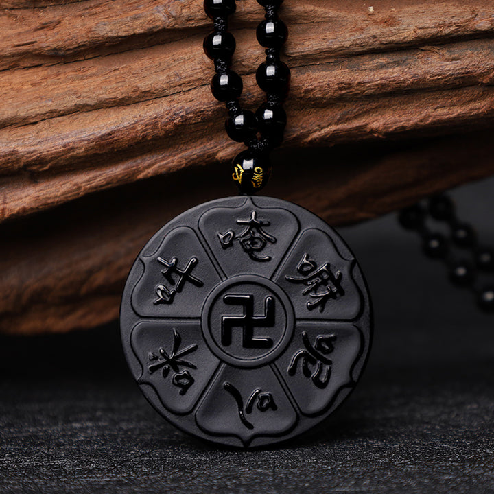 Buddha Stones Ossidiana nera naturale Tibetana Om Mani Padme Hum Buddha Svastica Collana con ciondolo portafortuna