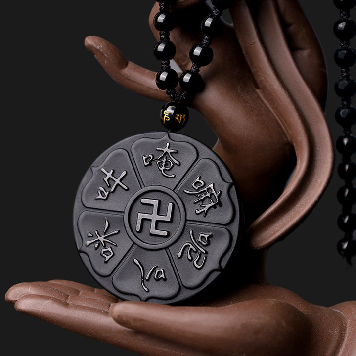 Buddha Stones Ossidiana nera naturale Tibetana Om Mani Padme Hum Buddha Svastica Collana con ciondolo portafortuna