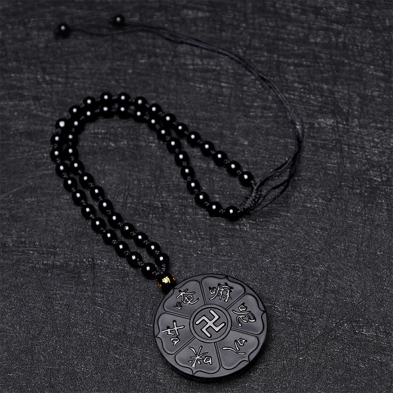 Buddha Stones Ossidiana nera naturale Tibetana Om Mani Padme Hum Buddha Svastica Collana con ciondolo portafortuna