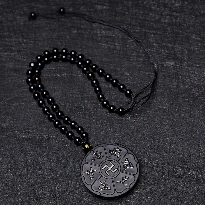 Buddha Stones Ossidiana nera naturale Tibetana Om Mani Padme Hum Buddha Svastica Collana con ciondolo portafortuna