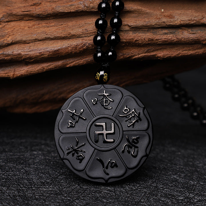 Buddha Stones Ossidiana nera naturale Tibetana Om Mani Padme Hum Buddha Svastica Collana con ciondolo portafortuna