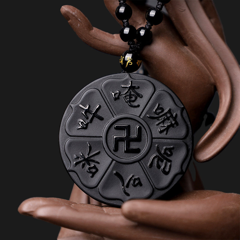 Buddha Stones Ossidiana nera naturale Tibetana Om Mani Padme Hum Buddha Svastica Collana con ciondolo portafortuna