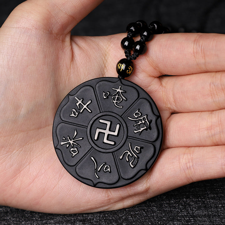 Buddha Stones Ossidiana nera naturale Tibetana Om Mani Padme Hum Buddha Svastica Collana con ciondolo portafortuna