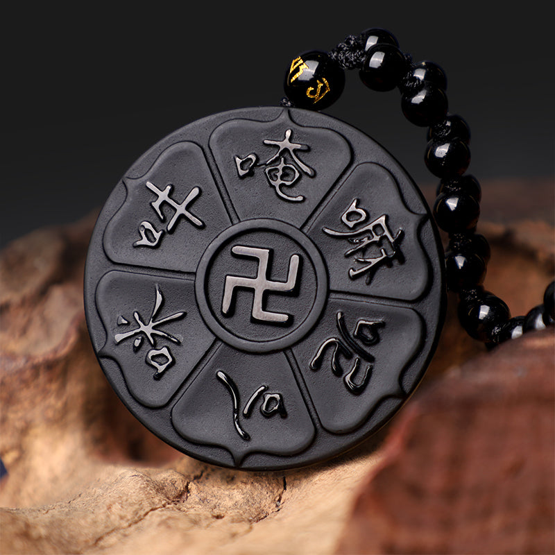 Buddha Stones Ossidiana nera naturale Tibetana Om Mani Padme Hum Buddha Svastica Collana con ciondolo portafortuna