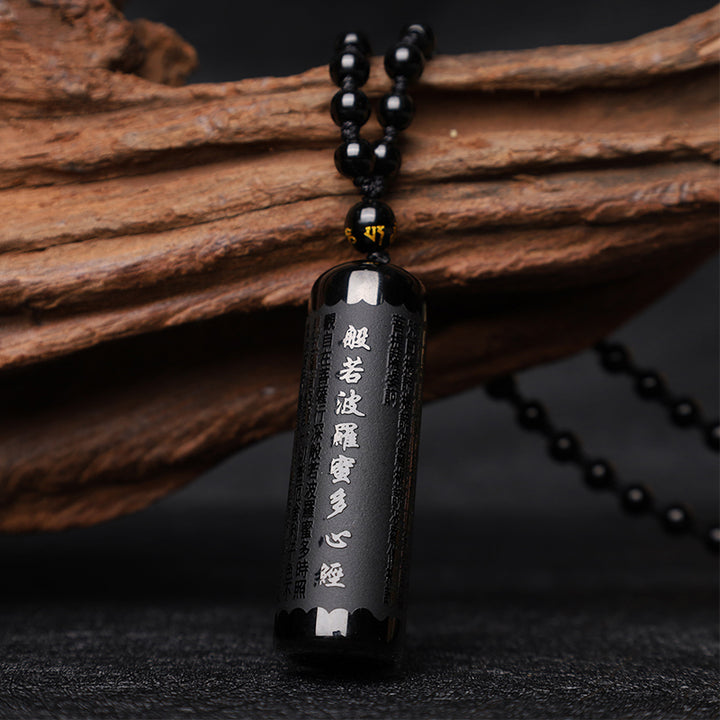 Collana con ciondolo di purificazione del Sutra del cuore in ossidiana nera naturale Buddha Stones