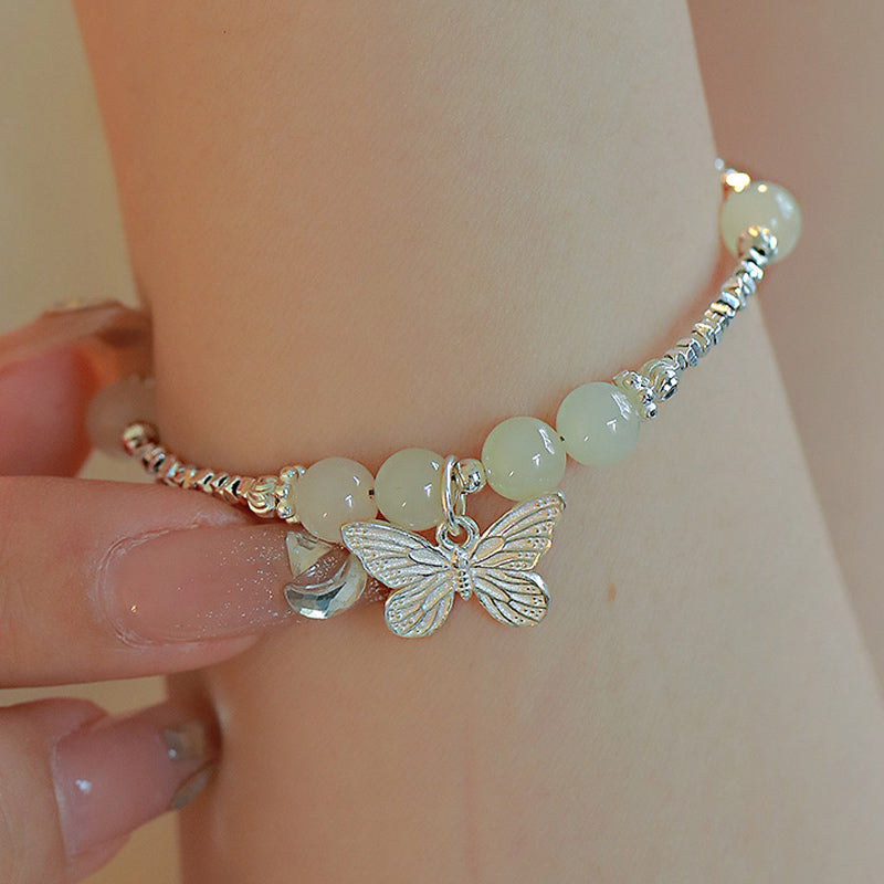 Bracciale con ciondolo a forma di farfalla in giada naturale Hetian in argento sterling 925 Buddha Stones