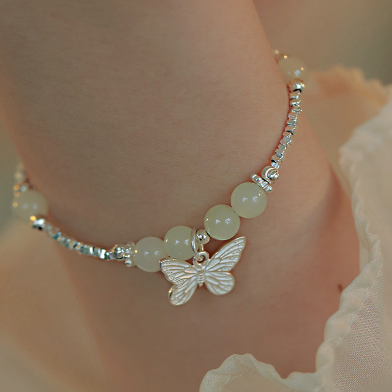 Bracciale con ciondolo a forma di farfalla in giada naturale Hetian in argento sterling 925 Buddha Stones