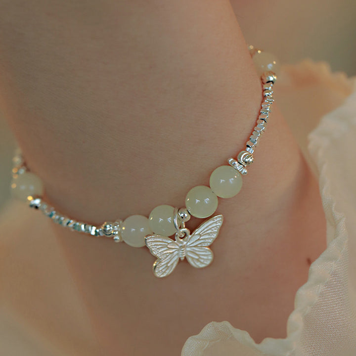 Bracciale con ciondolo a forma di farfalla in giada naturale Hetian in argento sterling 925 Buddha Stones