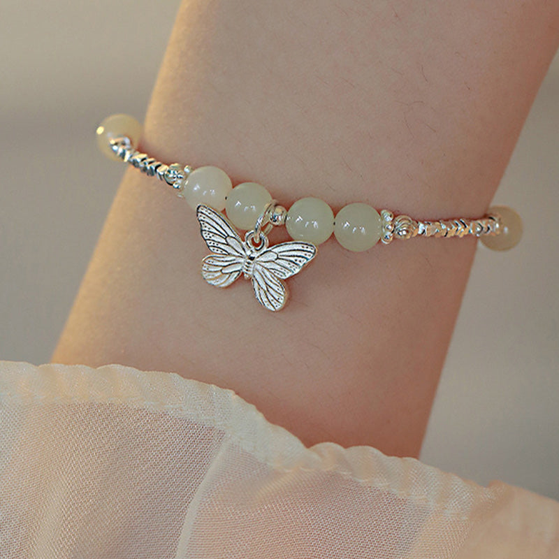 Bracciale con ciondolo a forma di farfalla in giada naturale Hetian in argento sterling 925 Buddha Stones