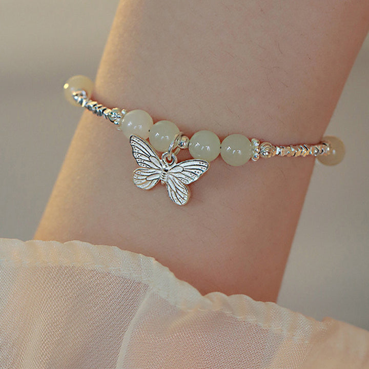 Bracciale con ciondolo a forma di farfalla in giada naturale Hetian in argento sterling 925 Buddha Stones