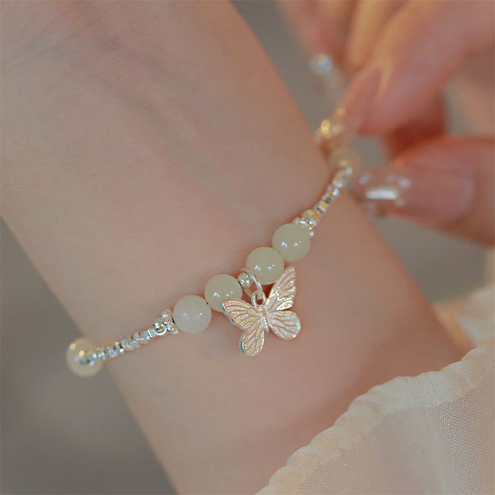 Bracciale con ciondolo a forma di farfalla in giada naturale Hetian in argento sterling 925 Buddha Stones