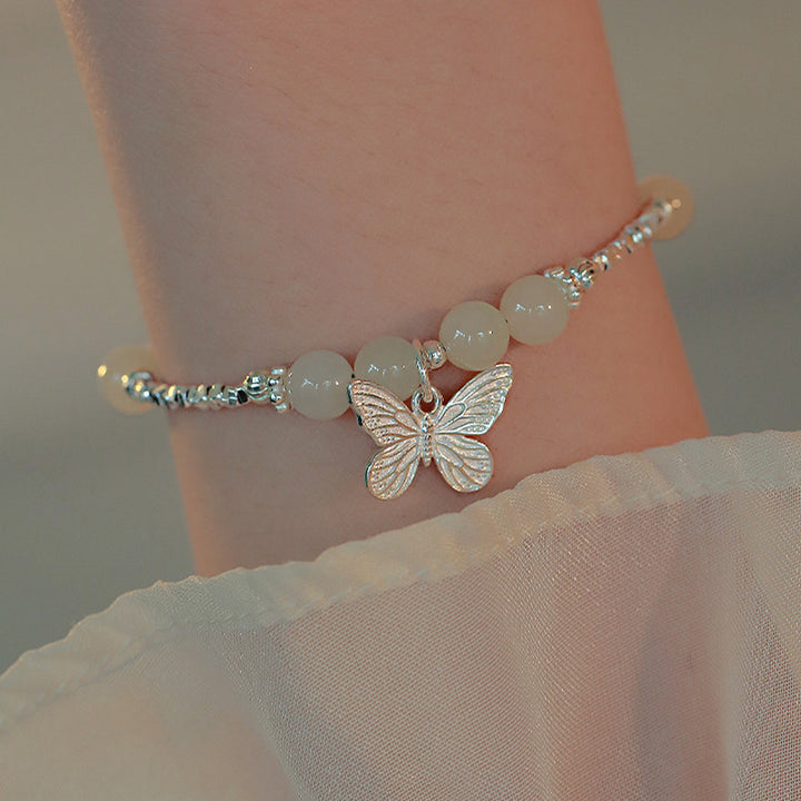Bracciale con ciondolo a forma di farfalla in giada naturale Hetian in argento sterling 925 Buddha Stones