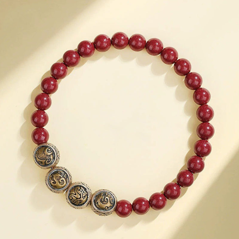 Bracciale Buddha Stones 925 Sterling Silver Cinnabar naturale Quattro Bestie Benedizione