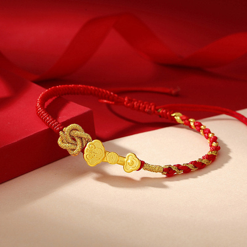 Braccialetto in corda con carattere Fu e manico Ruyi in argento sterling 999 Buddha Stones - image 1