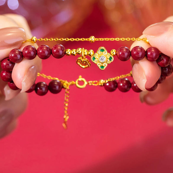 Bracciale a catena con fiore a quadrifoglio e cinabro naturale in argento sterling 925 con Buddha Stones