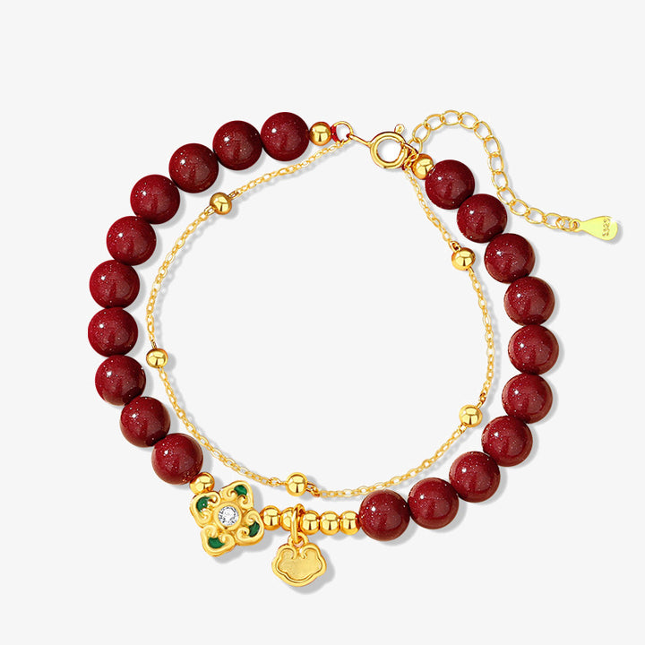 Bracciale a catena con fiore a quadrifoglio e cinabro naturale in argento sterling 925 con Buddha Stones