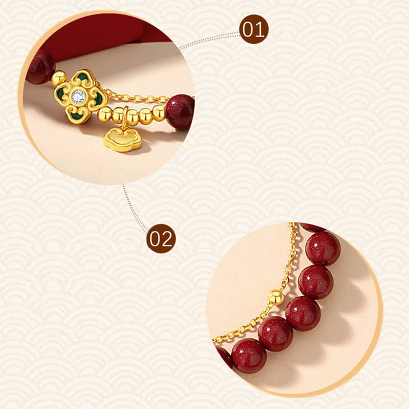 Bracciale a catena con fiore a quadrifoglio e cinabro naturale in argento sterling 925 con Buddha Stones