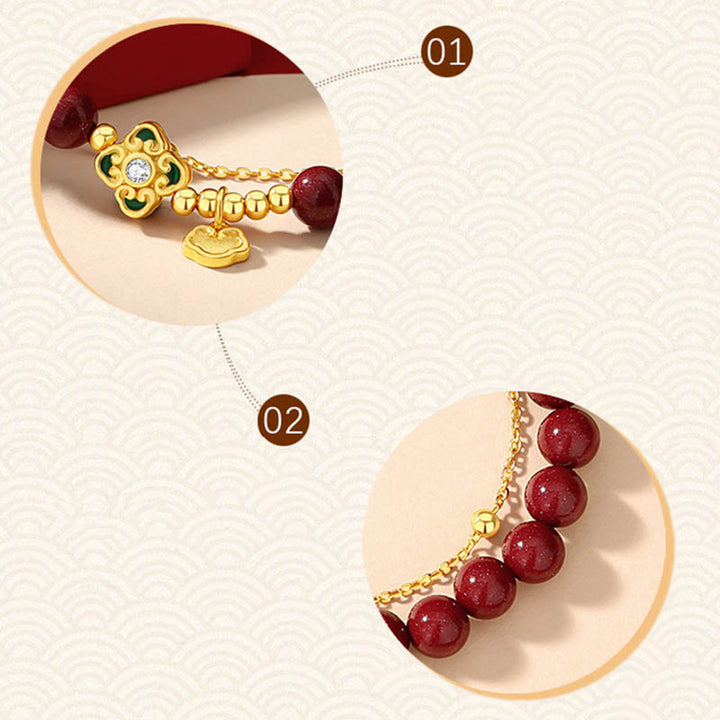 Bracciale a catena con fiore a quadrifoglio e cinabro naturale in argento sterling 925 con Buddha Stones