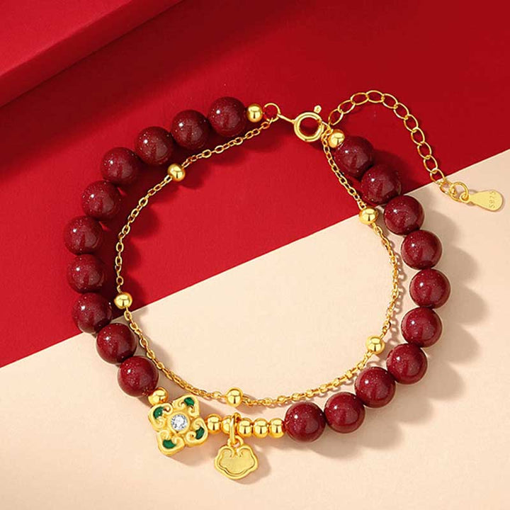 Bracciale a catena con fiore a quadrifoglio e cinabro naturale in argento sterling 925 con Buddha Stones