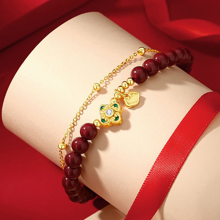 Bracciale a catena con fiore a quadrifoglio e cinabro naturale in argento sterling 925 con Buddha Stones