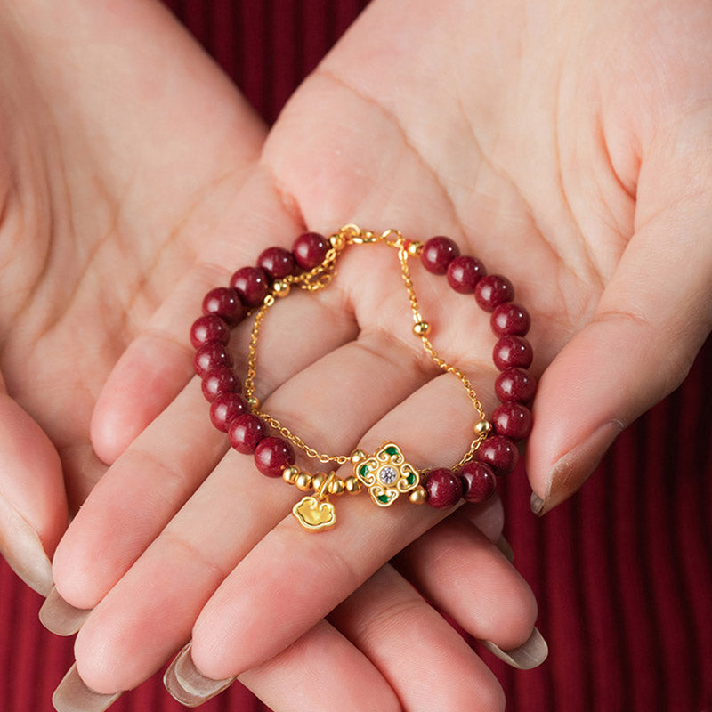 Bracciale a catena con fiore a quadrifoglio e cinabro naturale in argento sterling 925 con Buddha Stones
