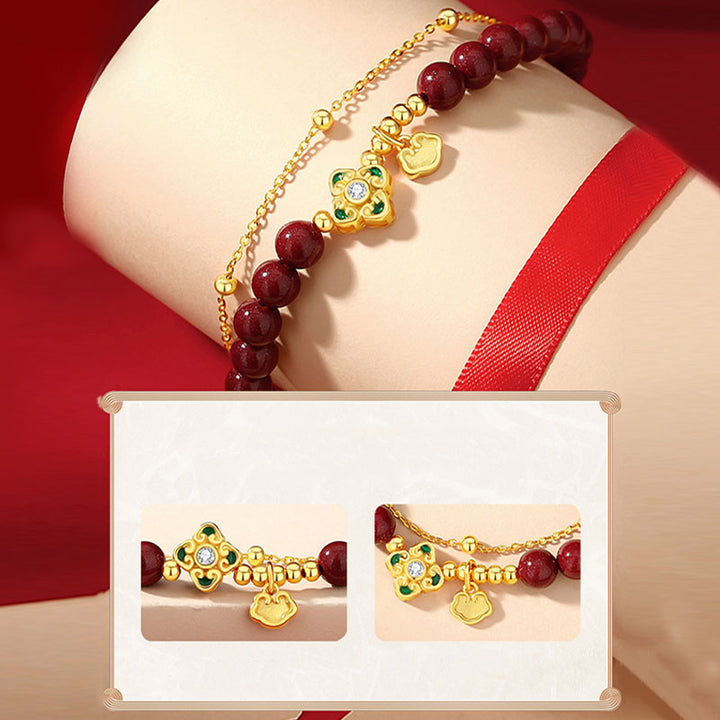 Bracciale a catena con fiore a quadrifoglio e cinabro naturale in argento sterling 925 con Buddha Stones