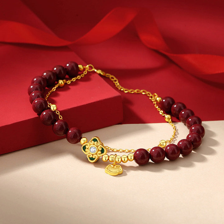 Bracciale a catena con fiore a quadrifoglio e cinabro naturale in argento sterling 925 con Buddha Stones