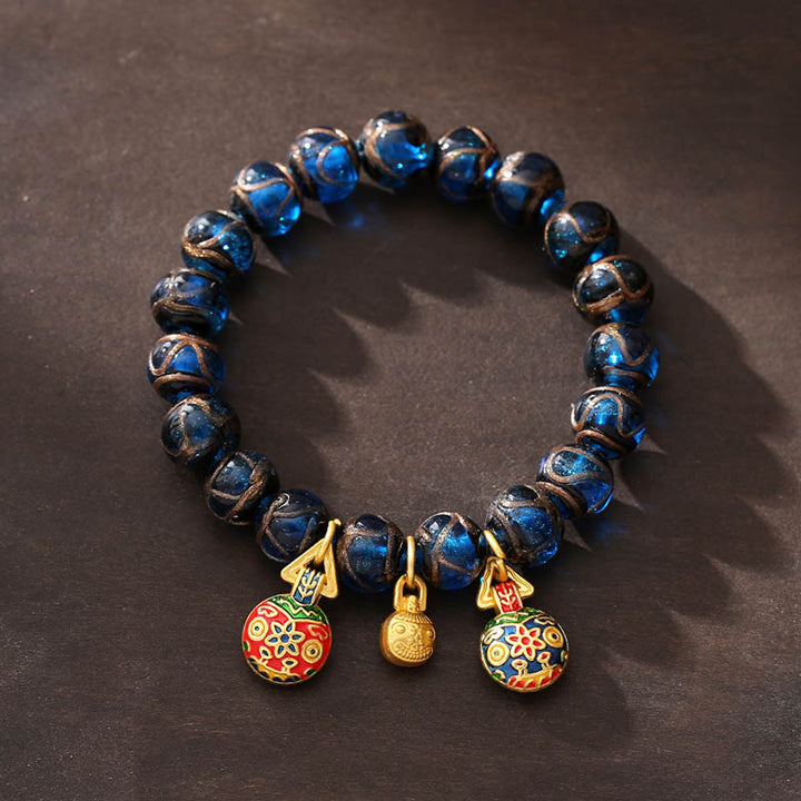 Braccialetto della fortuna con perline di vetro blu Liuli, ciondolo portafortuna in oro Buddha Stones bestia che ingoia