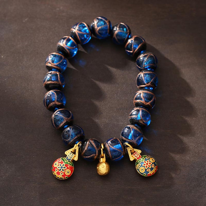 Braccialetto della fortuna con perline di vetro blu Liuli, ciondolo portafortuna in oro Buddha Stones bestia che ingoia