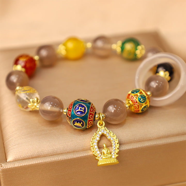 Buddha Stones Agata grigia naturale Cinque direzioni Dei della ricchezza Om Mani Padme Hum Bracciale con ciondolo Buddha