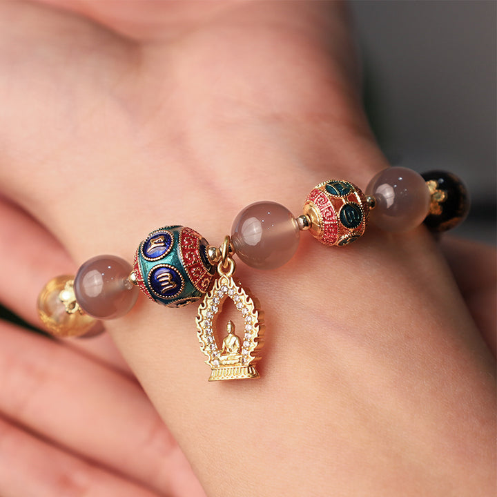 Buddha Stones Agata grigia naturale Cinque direzioni Dei della ricchezza Om Mani Padme Hum Bracciale con ciondolo Buddha