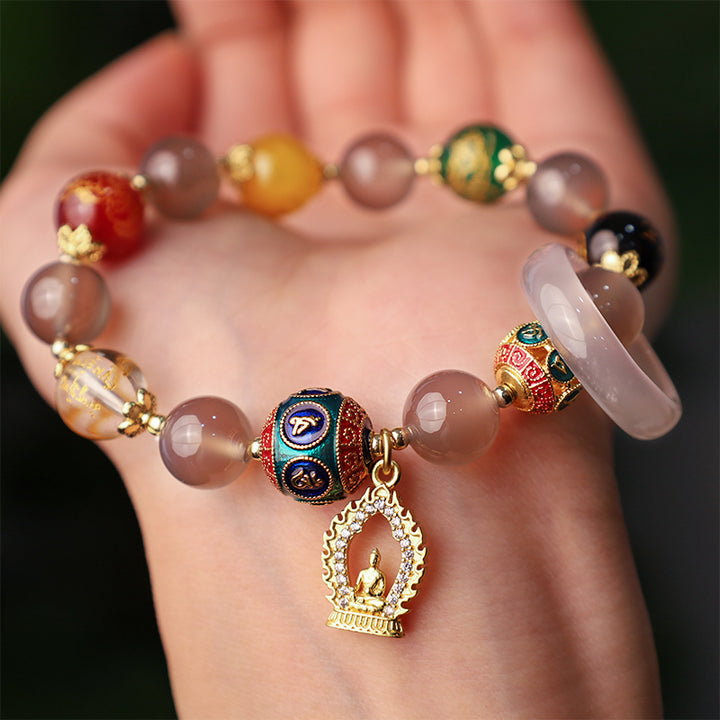 Buddha Stones Agata grigia naturale Cinque direzioni Dei della ricchezza Om Mani Padme Hum Bracciale con ciondolo Buddha