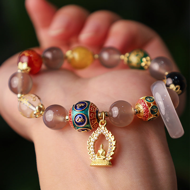 Buddha Stones Agata grigia naturale Cinque direzioni Dei della ricchezza Om Mani Padme Hum Bracciale con ciondolo Buddha