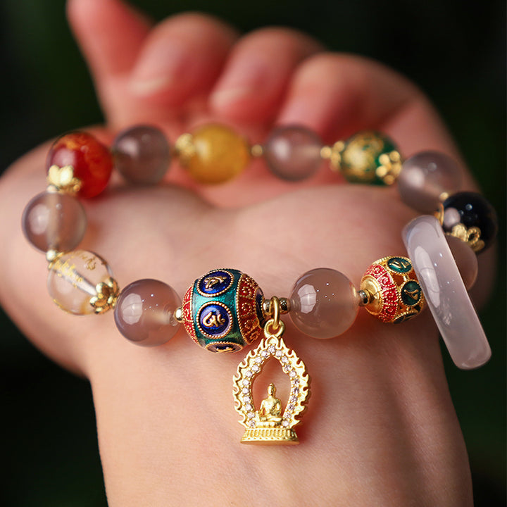 Buddha Stones Agata grigia naturale Cinque direzioni Dei della ricchezza Om Mani Padme Hum Bracciale con ciondolo Buddha