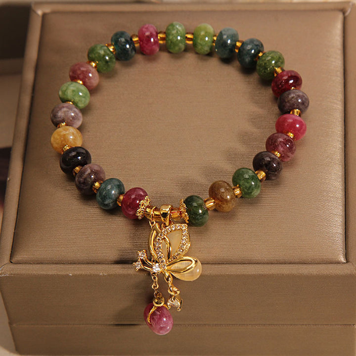 Braccialetto della saggezza con ciondolo a farfalla in tormalina colorata Buddha Stones